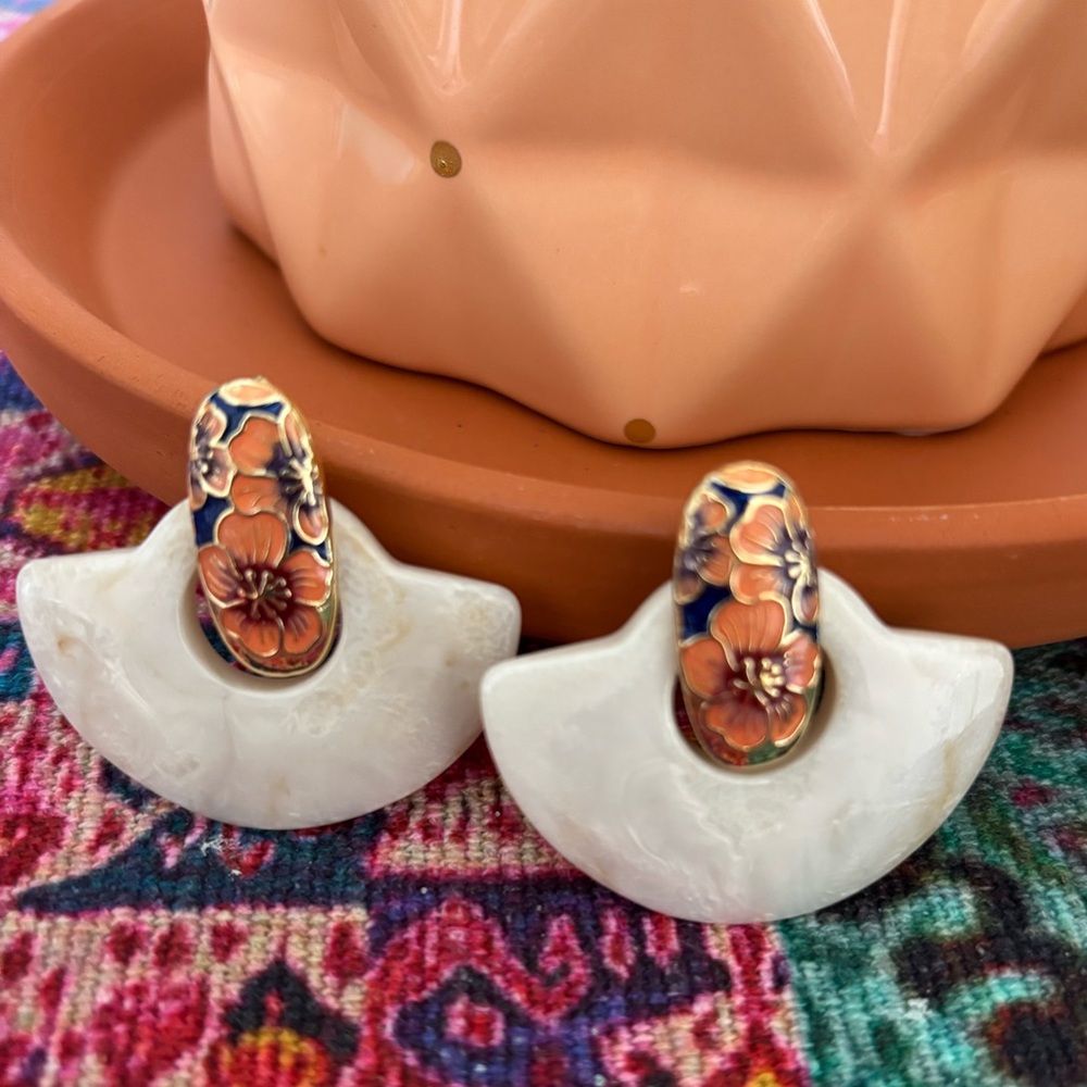 Floral White and Orange Earrings